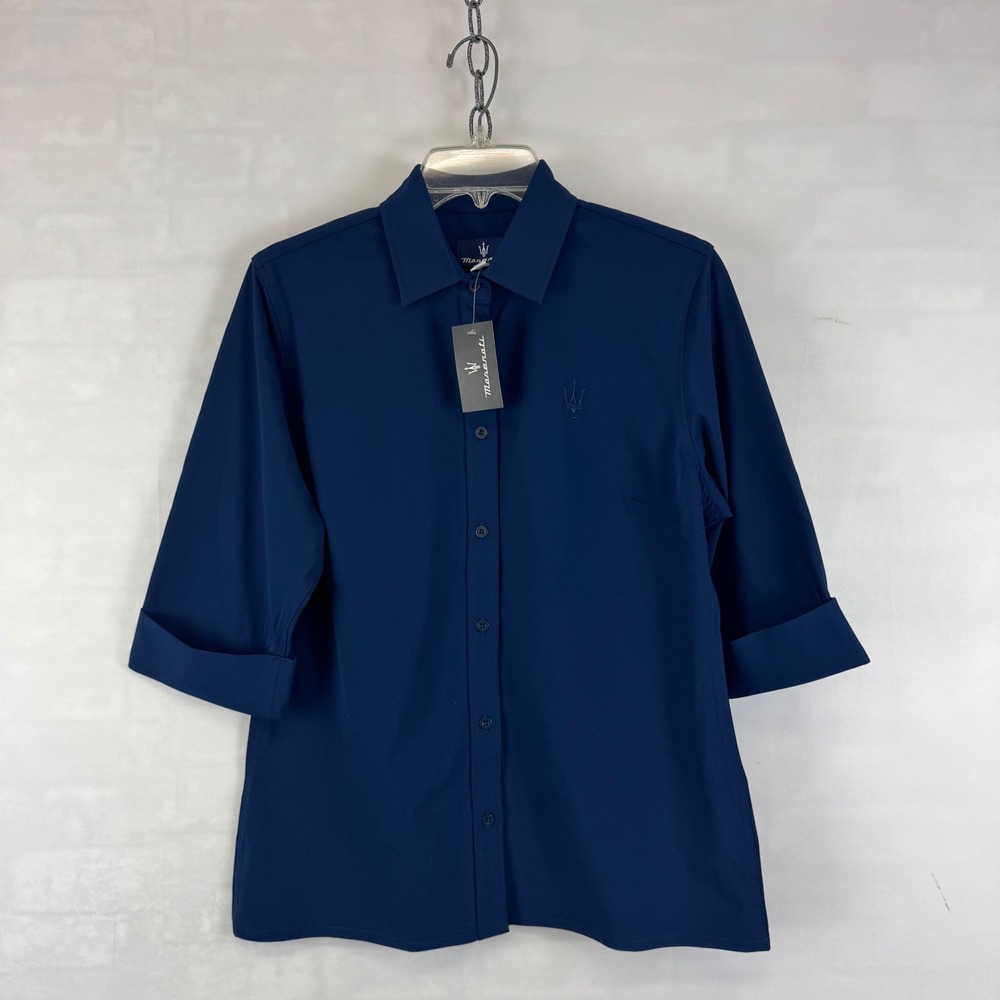 Maserati Blue Button Front Blouse‎ Short Sleeve Cuffed Women's Medium